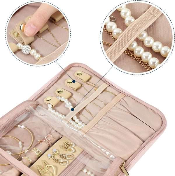 NISHEL Travel Jewelry Organizer Roll, Transparent Foldable Case for Necklaces, Earrings, Rings, Bracelets, Watch, Pink - 4