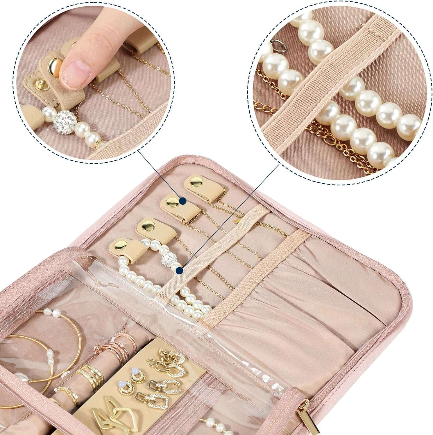 NISHEL Travel Jewelry Organizer Roll, Transparent Foldable Case for Necklaces, Earrings, Rings, Bracelets, Watch, Pink - 4