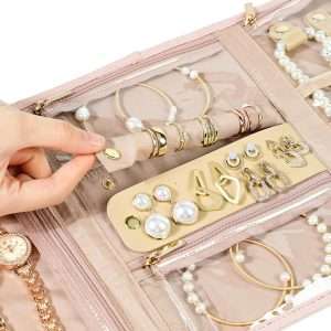 NISHEL Travel Jewelry Organizer Roll, Transparent Foldable Case for Necklaces, Earrings, Rings, Bracelets, Watch, Pink - 5