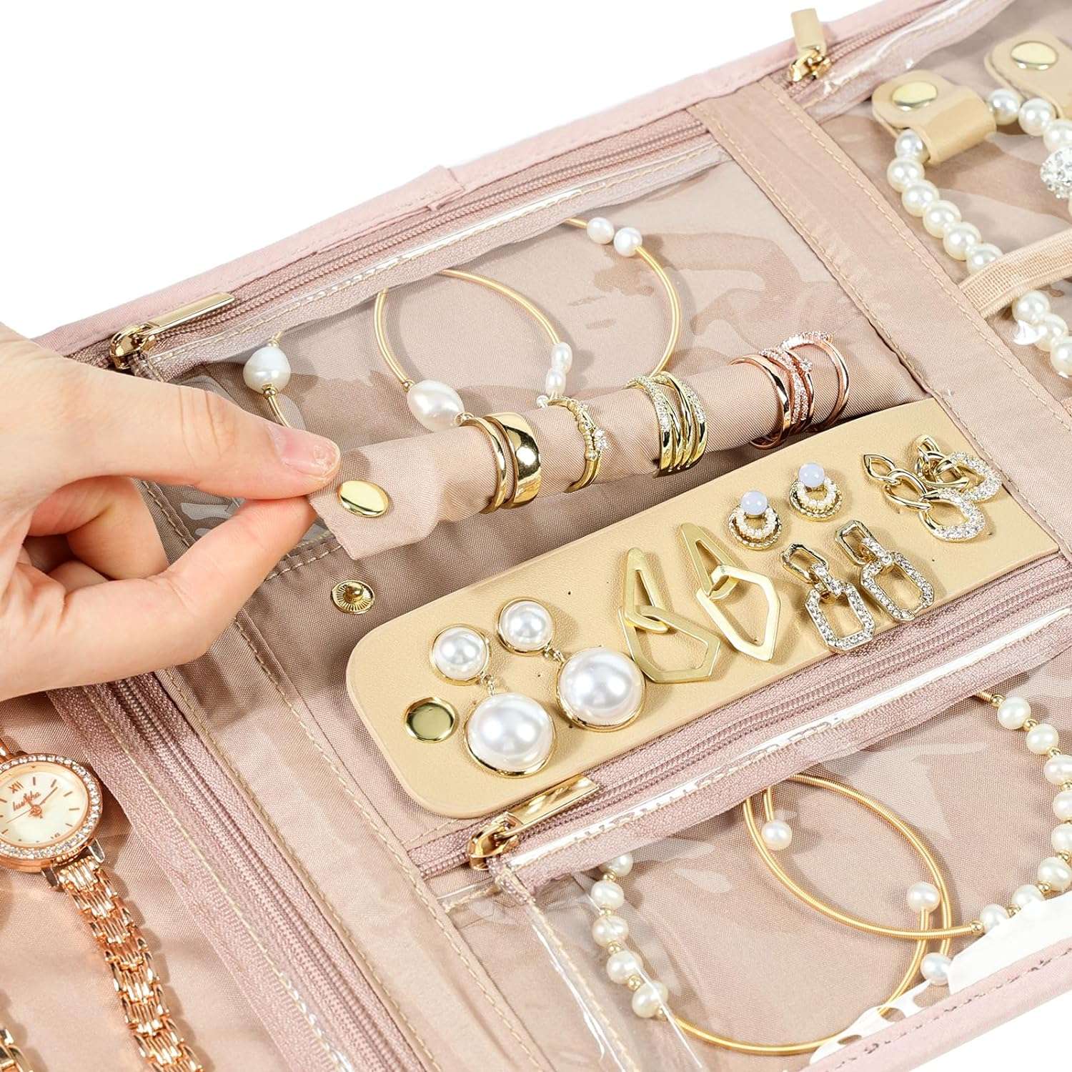 NISHEL Travel Jewelry Organizer Roll, Transparent Foldable Case for Necklaces, Earrings, Rings, Bracelets, Watch, Pink - 5