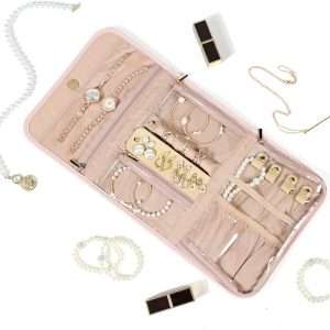 NISHEL Travel Jewelry Organizer Roll, Transparent Foldable Case for Necklaces, Earrings, Rings, Bracelets, Watch, Pink - 6