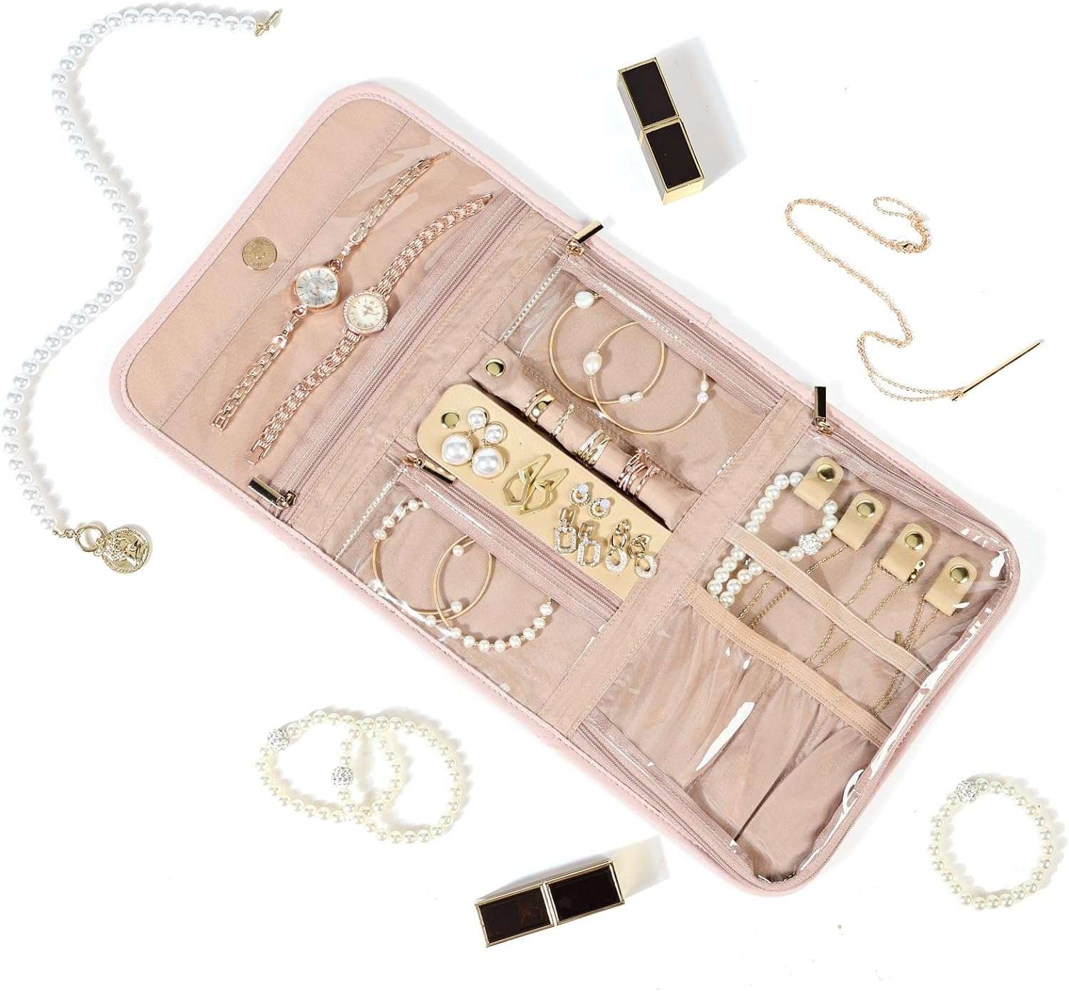 NISHEL Travel Jewelry Organizer Roll, Transparent Foldable Case for Necklaces, Earrings, Rings, Bracelets, Watch, Pink - 6