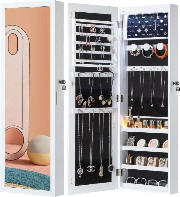 Nicetree 6 LEDs Mirror Jewelry Cabinet, Large Capacity Lockable Jewelry Armoire Organizer, Door or Wall Mounted Mirror with Jewelry Storage, Christmas Gifts, White - 1