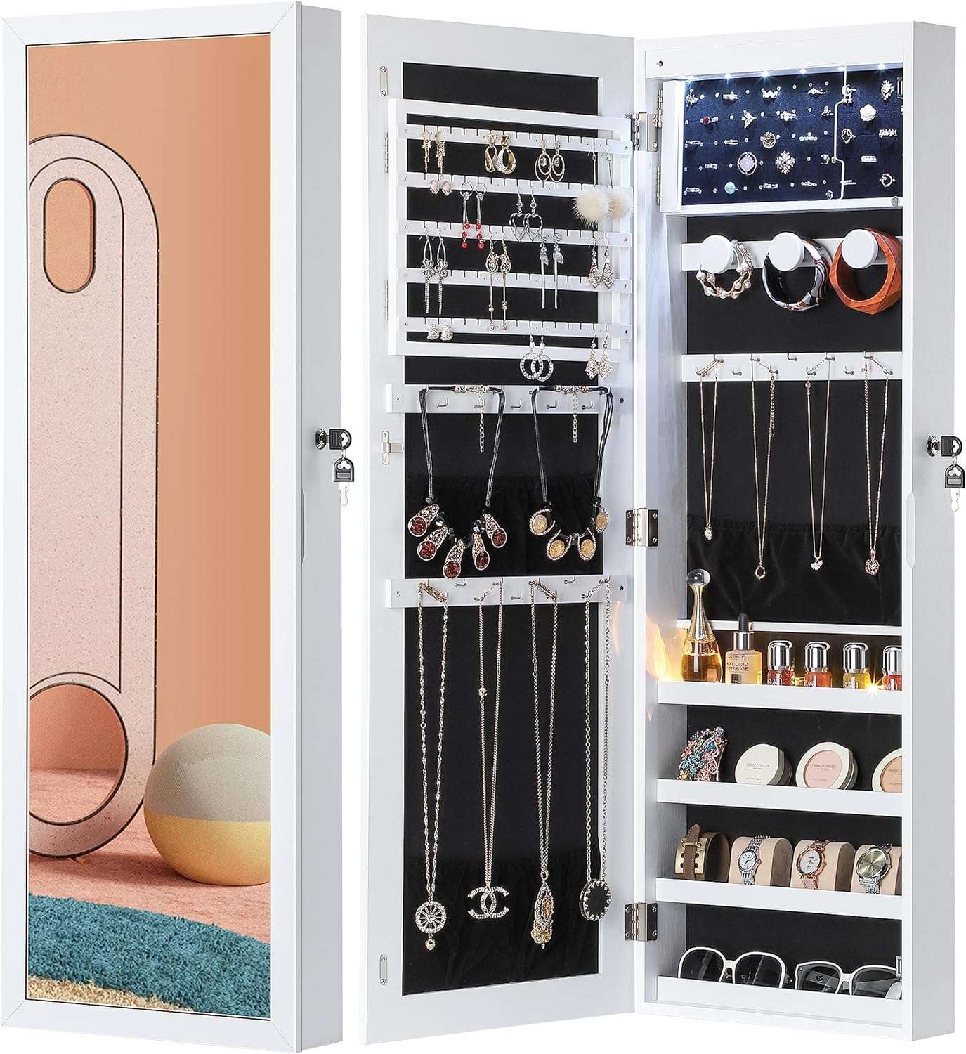 Nicetree 6 LEDs Mirror Jewelry Cabinet, Large Capacity Lockable Jewelry Armoire Organizer, Door or Wall Mounted Mirror with Jewelry Storage, Christmas Gifts, White - 1
