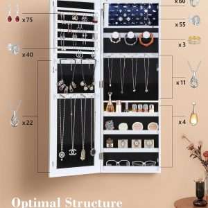 Nicetree 6 LEDs Mirror Jewelry Cabinet, Large Capacity Lockable Jewelry Armoire Organizer, Door or Wall Mounted Mirror with Jewelry Storage, Christmas Gifts, White - 3