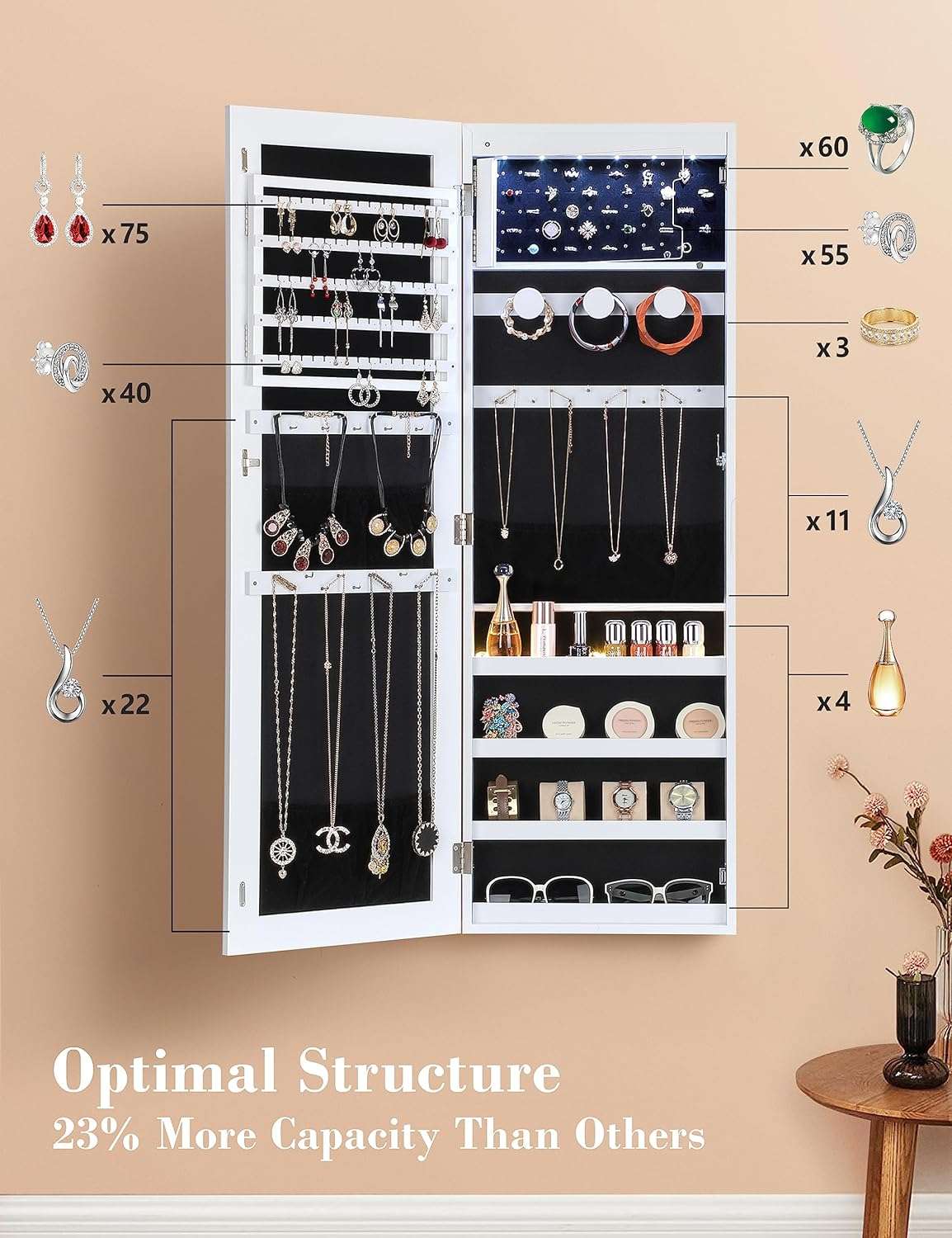 Nicetree 6 LEDs Mirror Jewelry Cabinet, Large Capacity Lockable Jewelry Armoire Organizer, Door or Wall Mounted Mirror with Jewelry Storage, Christmas Gifts, White - 3