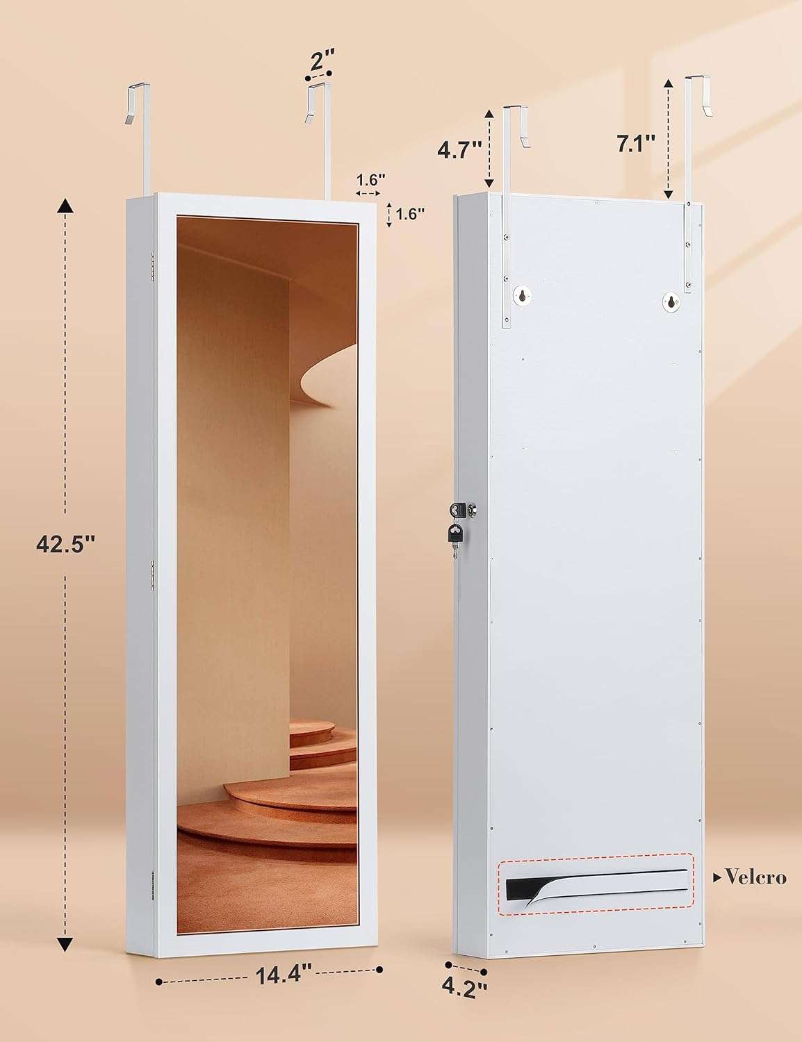 Nicetree 6 LEDs Mirror Jewelry Cabinet, Large Capacity Lockable Jewelry Armoire Organizer, Door or Wall Mounted Mirror with Jewelry Storage, Christmas Gifts, White - 8