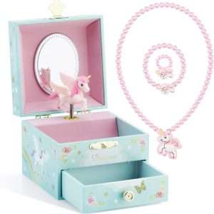 RR ROUND RICH DESIGN Kids Musical Jewelry Box for Girls with Drawer and Jewelry Set with Magical Unicorn - Blue Danube Tune Blue - 1