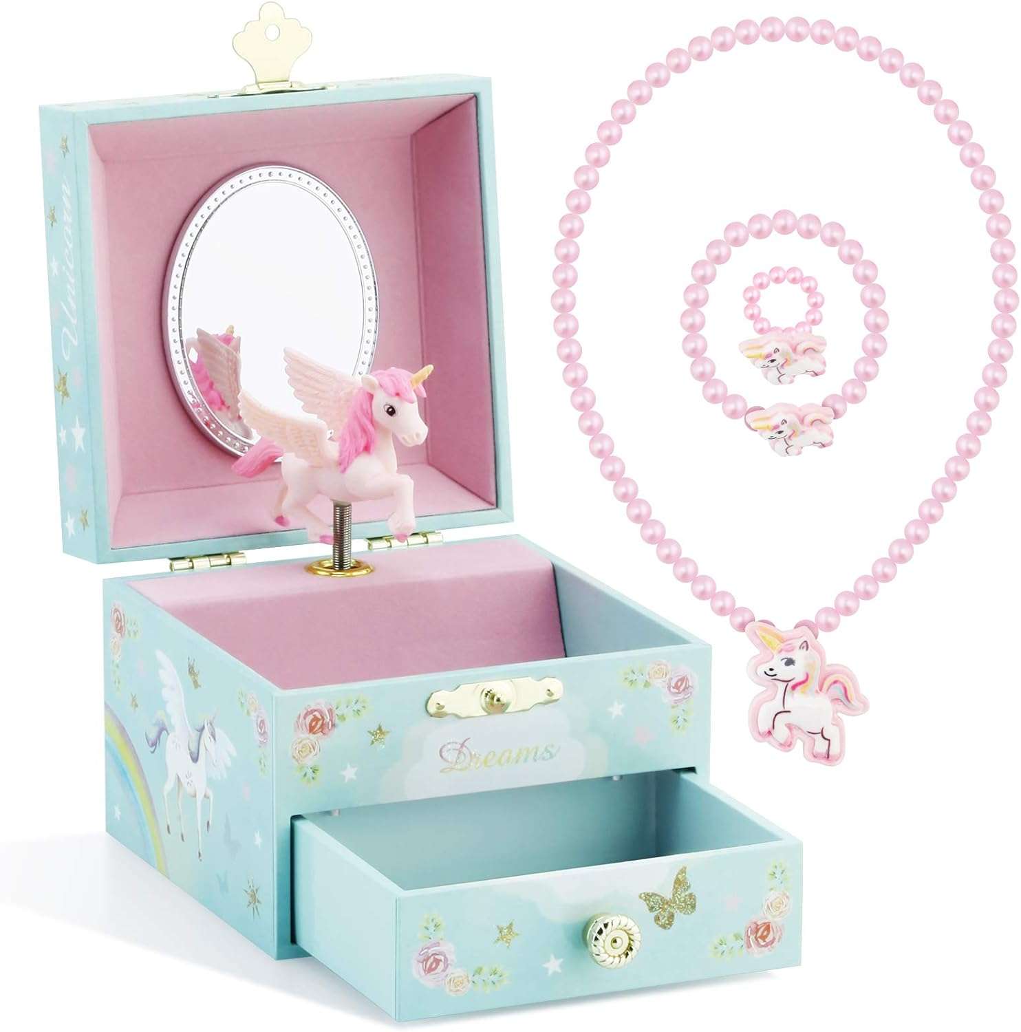 RR ROUND RICH DESIGN Kids Musical Jewelry Box for Girls with Drawer and Jewelry Set with Magical Unicorn - Blue Danube Tune Blue - 1