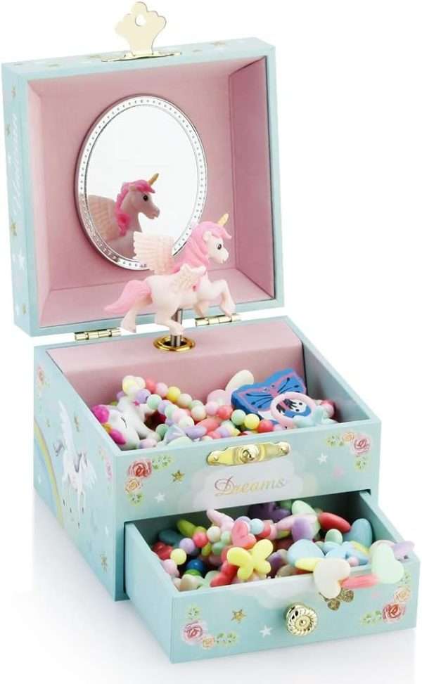 RR ROUND RICH DESIGN Kids Musical Jewelry Box for Girls with Drawer and Jewelry Set with Magical Unicorn - Blue Danube Tune Blue - 3