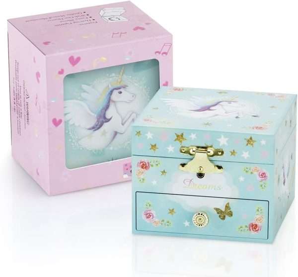 RR ROUND RICH DESIGN Kids Musical Jewelry Box for Girls with Drawer and Jewelry Set with Magical Unicorn - Blue Danube Tune Blue - 6