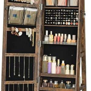 SONGMICS 360° Swivel Jewelry Cabinet, Lockable Jewelry Organizer with Full-Length Mirror, Rear Storage Shelves, Interior Mirror, Jewelry Armoire, Gift Idea, Rustic Brown - 1