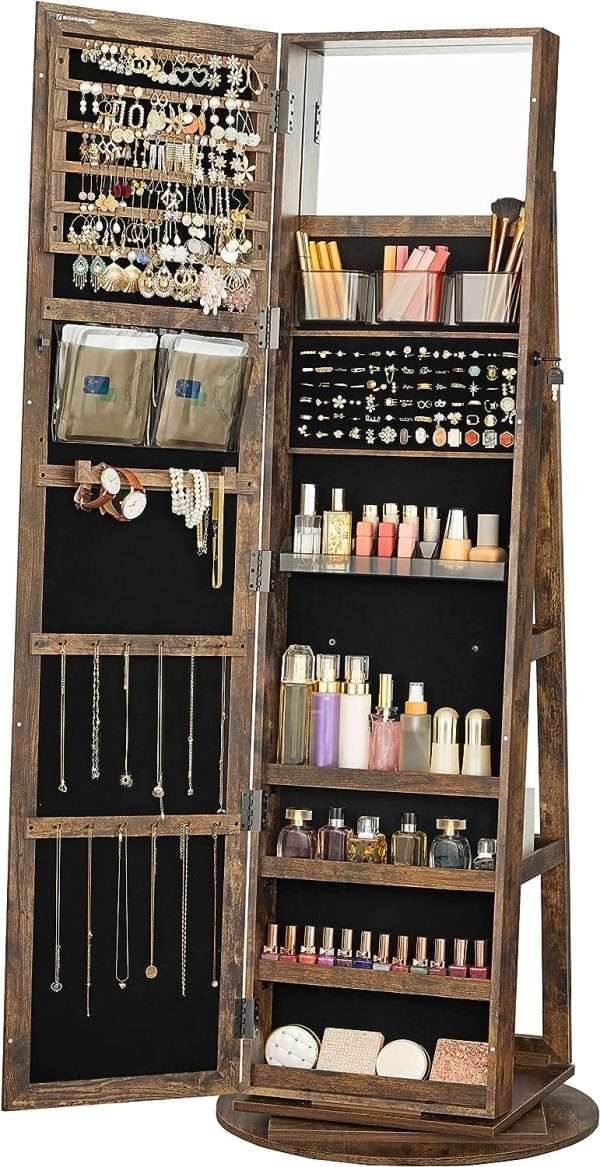 SONGMICS 360° Swivel Jewelry Cabinet, Lockable Jewelry Organizer with Full-Length Mirror, Rear Storage Shelves, Interior Mirror, Jewelry Armoire, Gift Idea, Rustic Brown - 1