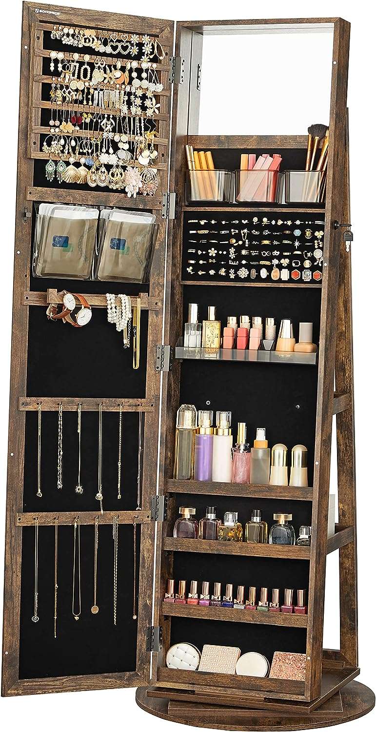 SONGMICS 360° Swivel Jewelry Cabinet, Lockable Jewelry Organizer with Full-Length Mirror, Rear Storage Shelves, Interior Mirror, Jewelry Armoire, Gift Idea, Rustic Brown - 1