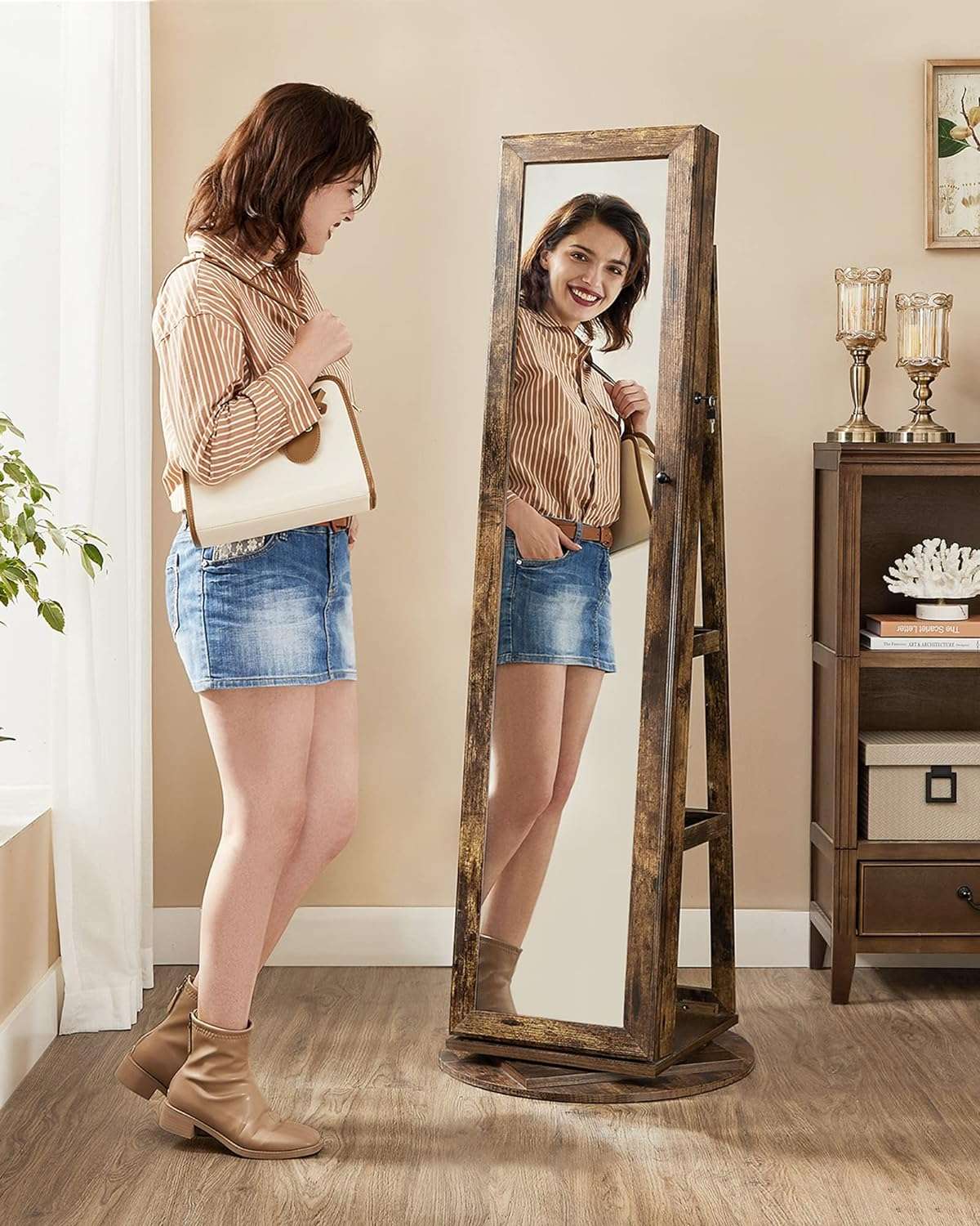 SONGMICS 360° Swivel Jewelry Cabinet, Lockable Jewelry Organizer with Full-Length Mirror, Rear Storage Shelves, Interior Mirror, Jewelry Armoire, Gift Idea, Rustic Brown - 2