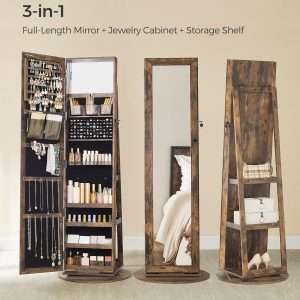 SONGMICS 360° Swivel Jewelry Cabinet, Lockable Jewelry Organizer with Full-Length Mirror, Rear Storage Shelves, Interior Mirror, Jewelry Armoire, Gift Idea, Rustic Brown - 3