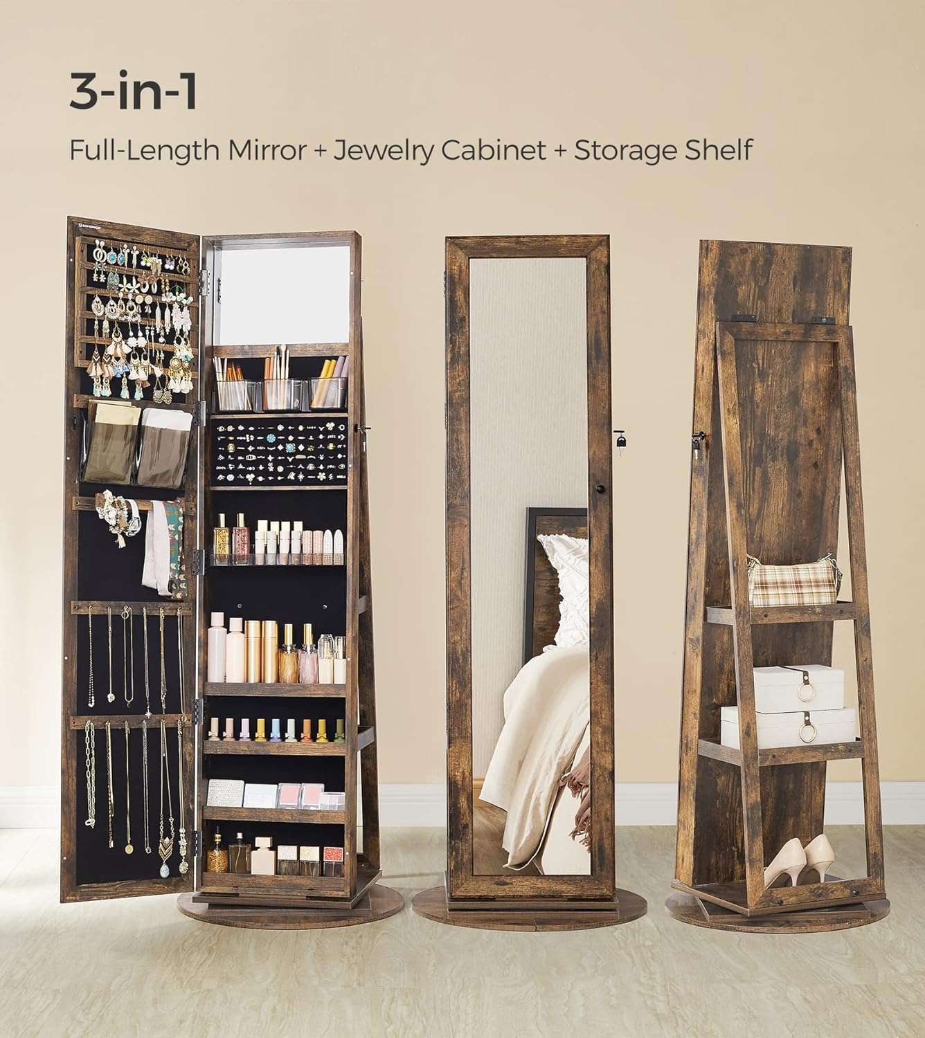 SONGMICS 360° Swivel Jewelry Cabinet, Lockable Jewelry Organizer with Full-Length Mirror, Rear Storage Shelves, Interior Mirror, Jewelry Armoire, Gift Idea, Rustic Brown - 3