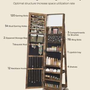 SONGMICS 360° Swivel Jewelry Cabinet, Lockable Jewelry Organizer with Full-Length Mirror, Rear Storage Shelves, Interior Mirror, Jewelry Armoire, Gift Idea, Rustic Brown - 4