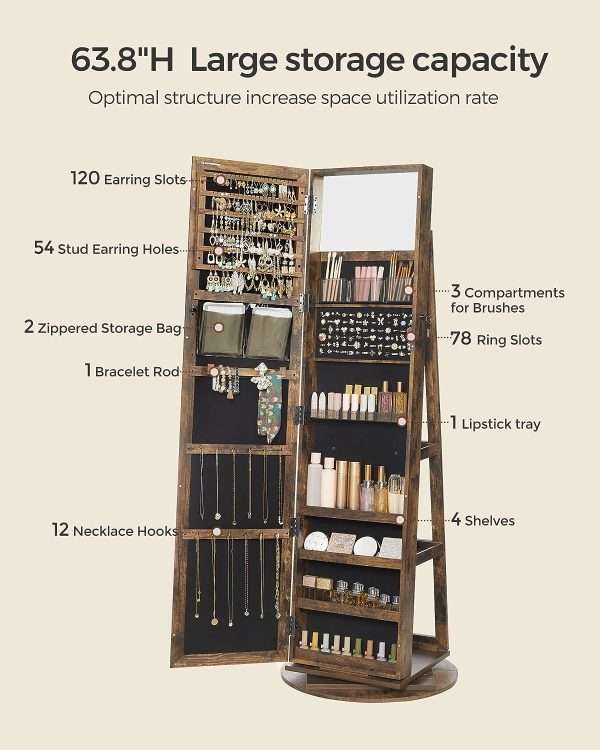 SONGMICS 360° Swivel Jewelry Cabinet, Lockable Jewelry Organizer with Full-Length Mirror, Rear Storage Shelves, Interior Mirror, Jewelry Armoire, Gift Idea, Rustic Brown - 4