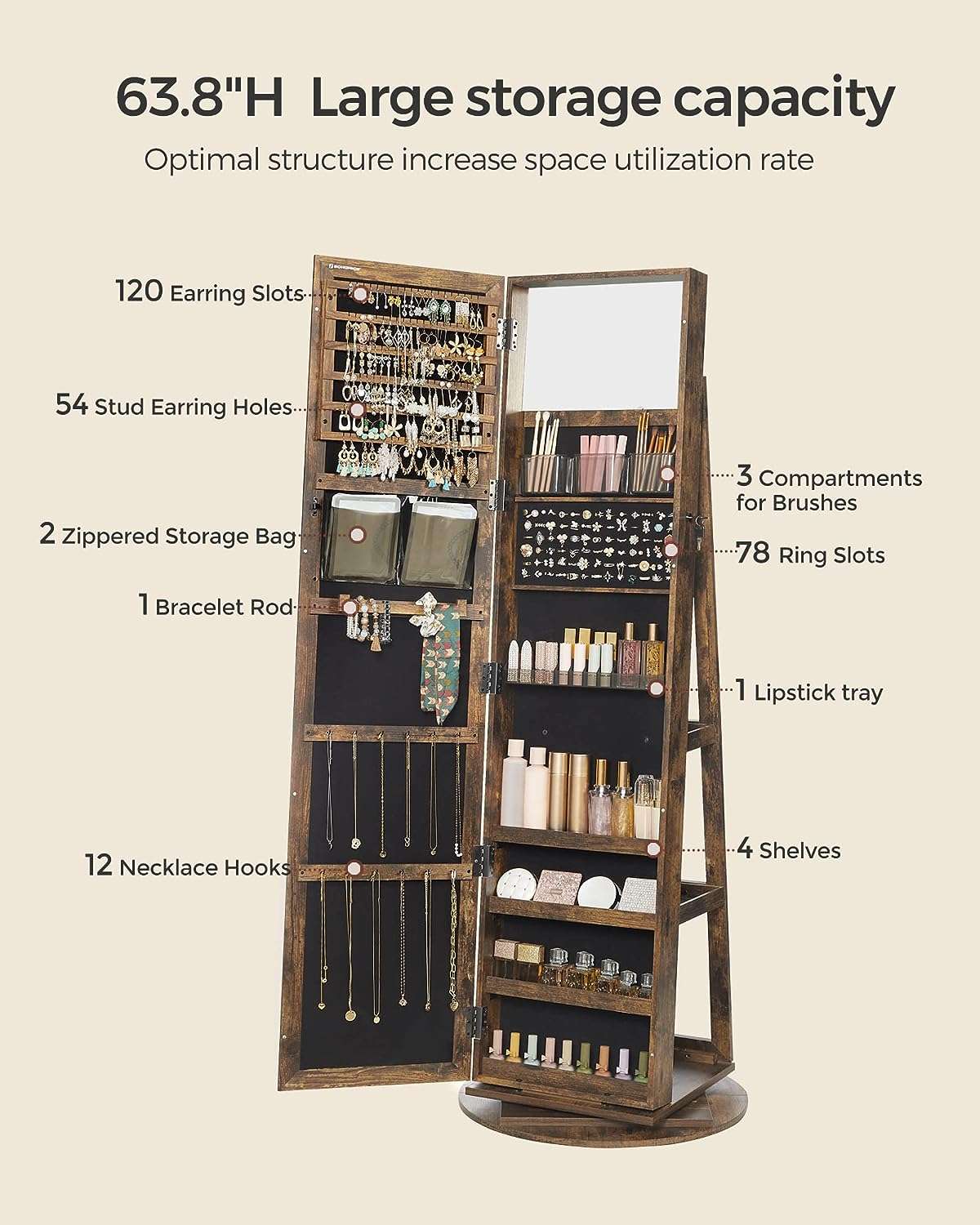 SONGMICS 360° Swivel Jewelry Cabinet, Lockable Jewelry Organizer with Full-Length Mirror, Rear Storage Shelves, Interior Mirror, Jewelry Armoire, Gift Idea, Rustic Brown - 4