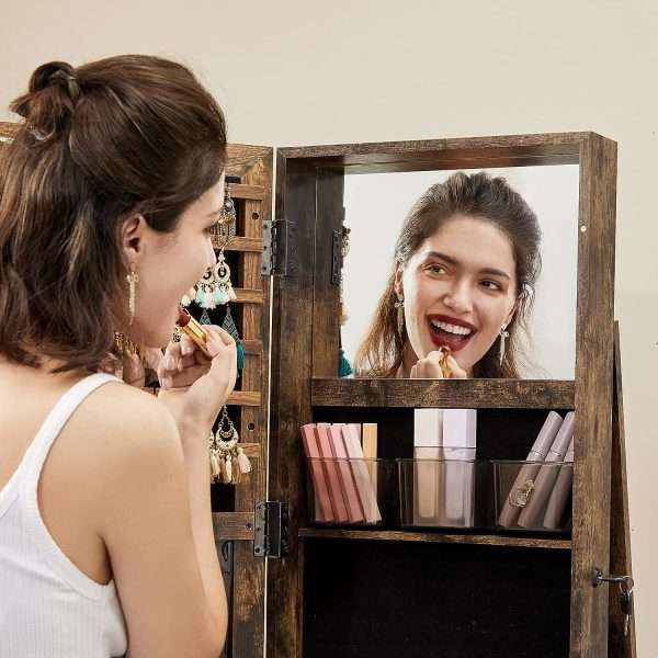 SONGMICS 360° Swivel Jewelry Cabinet, Lockable Jewelry Organizer with Full-Length Mirror, Rear Storage Shelves, Interior Mirror, Jewelry Armoire, Gift Idea, Rustic Brown - 5