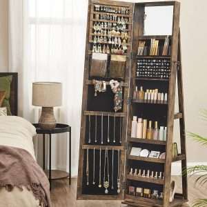 SONGMICS 360° Swivel Jewelry Cabinet, Lockable Jewelry Organizer with Full-Length Mirror, Rear Storage Shelves, Interior Mirror, Jewelry Armoire, Gift Idea, Rustic Brown - 8