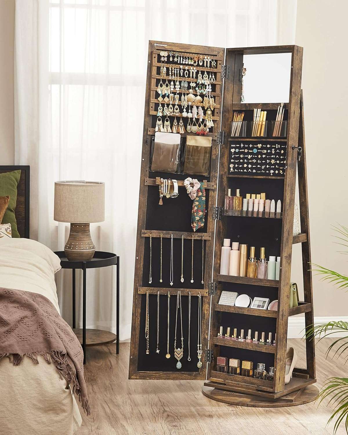 SONGMICS 360° Swivel Jewelry Cabinet, Lockable Jewelry Organizer with Full-Length Mirror, Rear Storage Shelves, Interior Mirror, Jewelry Armoire, Gift Idea, Rustic Brown - 8