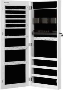 SONGMICS Jewelry Cabinet Armoire, Lockable Wall-Mounted Organizer Unit with 2 Plastic Cosmetic Storage Trays, Full-Length Frameless Mirror, White UJJC001W01 - 1