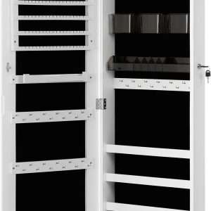 SONGMICS Jewelry Cabinet Armoire, Lockable Wall-Mounted Organizer Unit with 2 Plastic Cosmetic Storage Trays, Full-Length Frameless Mirror, White UJJC001W01 - 1