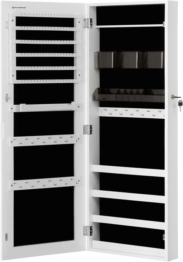 SONGMICS Jewelry Cabinet Armoire, Lockable Wall-Mounted Organizer Unit with 2 Plastic Cosmetic Storage Trays, Full-Length Frameless Mirror, White UJJC001W01 - 1