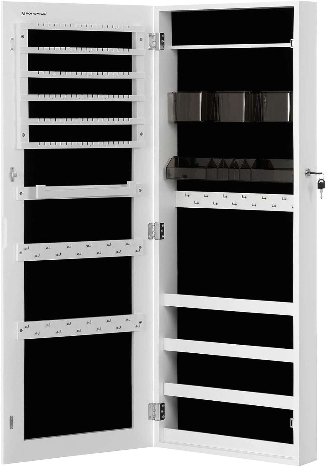 SONGMICS Jewelry Cabinet Armoire, Lockable Wall-Mounted Organizer Unit with 2 Plastic Cosmetic Storage Trays, Full-Length Frameless Mirror, White UJJC001W01 - 1