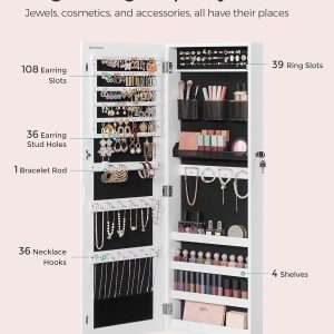 SONGMICS Jewelry Cabinet Armoire, Lockable Wall-Mounted Organizer Unit with 2 Plastic Cosmetic Storage Trays, Full-Length Frameless Mirror, White UJJC001W01 - 3