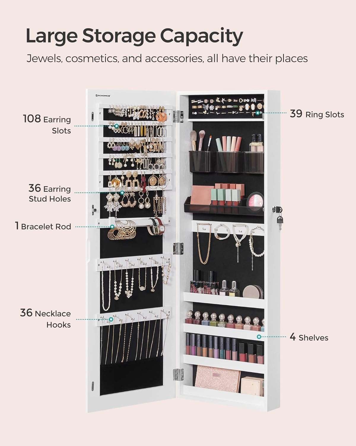 SONGMICS Jewelry Cabinet Armoire, Lockable Wall-Mounted Organizer Unit with 2 Plastic Cosmetic Storage Trays, Full-Length Frameless Mirror, White UJJC001W01 - 3