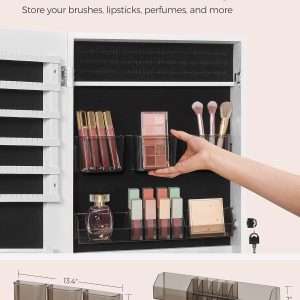 SONGMICS Jewelry Cabinet Armoire, Lockable Wall-Mounted Organizer Unit with 2 Plastic Cosmetic Storage Trays, Full-Length Frameless Mirror, White UJJC001W01 - 4