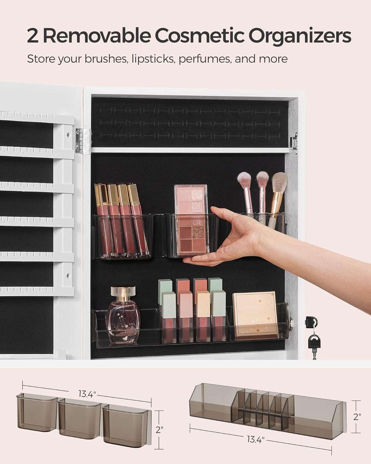 SONGMICS Jewelry Cabinet Armoire, Lockable Wall-Mounted Organizer Unit with 2 Plastic Cosmetic Storage Trays, Full-Length Frameless Mirror, White UJJC001W01 - 4