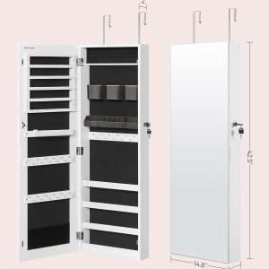 SONGMICS Jewelry Cabinet Armoire, Lockable Wall-Mounted Organizer Unit with 2 Plastic Cosmetic Storage Trays, Full-Length Frameless Mirror, White UJJC001W01 - 6