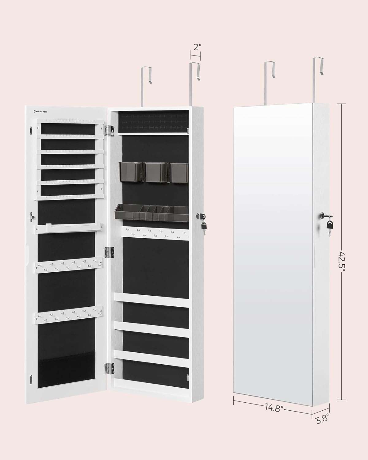 SONGMICS Jewelry Cabinet Armoire, Lockable Wall-Mounted Organizer Unit with 2 Plastic Cosmetic Storage Trays, Full-Length Frameless Mirror, White UJJC001W01 - 6