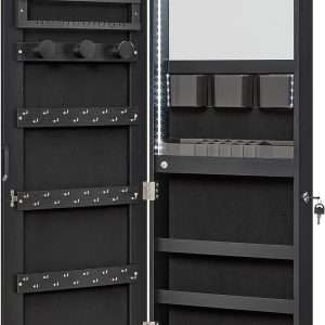 SONGMICS Jewelry Cabinet Armoire Organizer with LED Lights, Wall-Mounted Storage Cabinet with Full-Length Frameless Mirror, Built-in Makeup Mirror, 2 Drawers, Lockable - 1