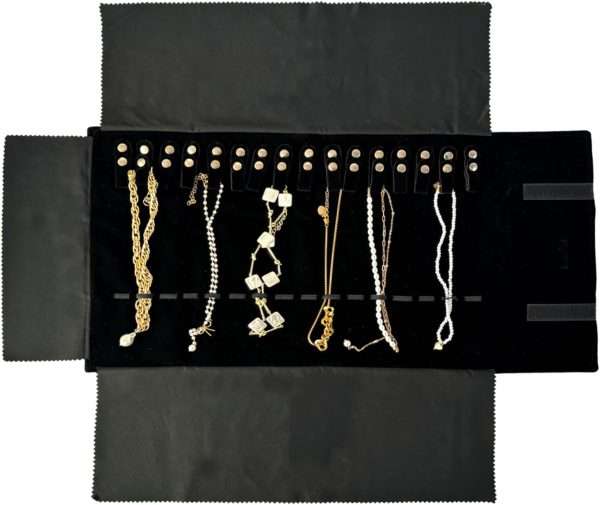 Velvet Travel Jewelry Roll Bag Organizer for Necklace, Elastic Band and Anti-winding, Black - 1