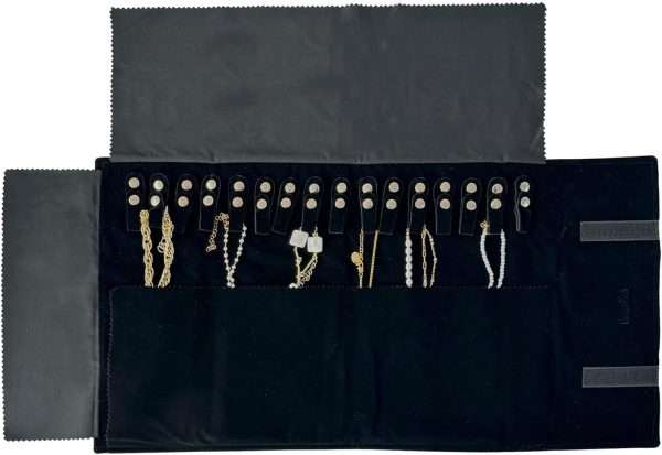 Velvet Travel Jewelry Roll Bag Organizer for Necklace, Elastic Band and Anti-winding, Black - 3