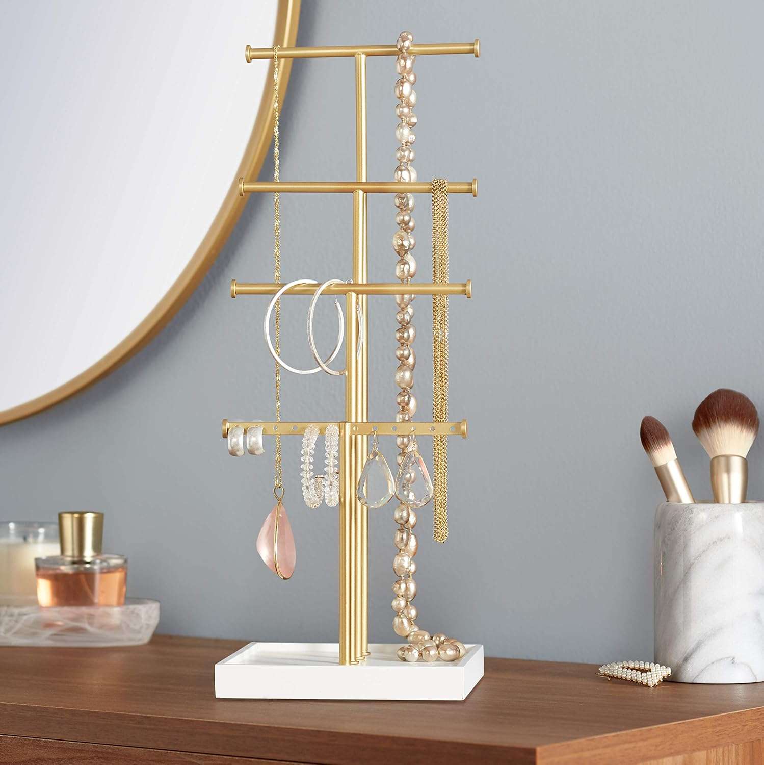 Amazon Basics Four-Tier Jewelry Tree Stand - White-Brass - 6