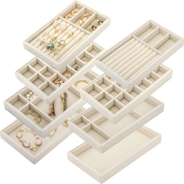 Elsjoy Set of 8 Velvet Jewelry Tray, Drawer Insert Divided Storage Holder Stackable Jewelry Organizer, Necklace Bracelet Display Tray for Earring, Ring, Brooch, Watch - 1