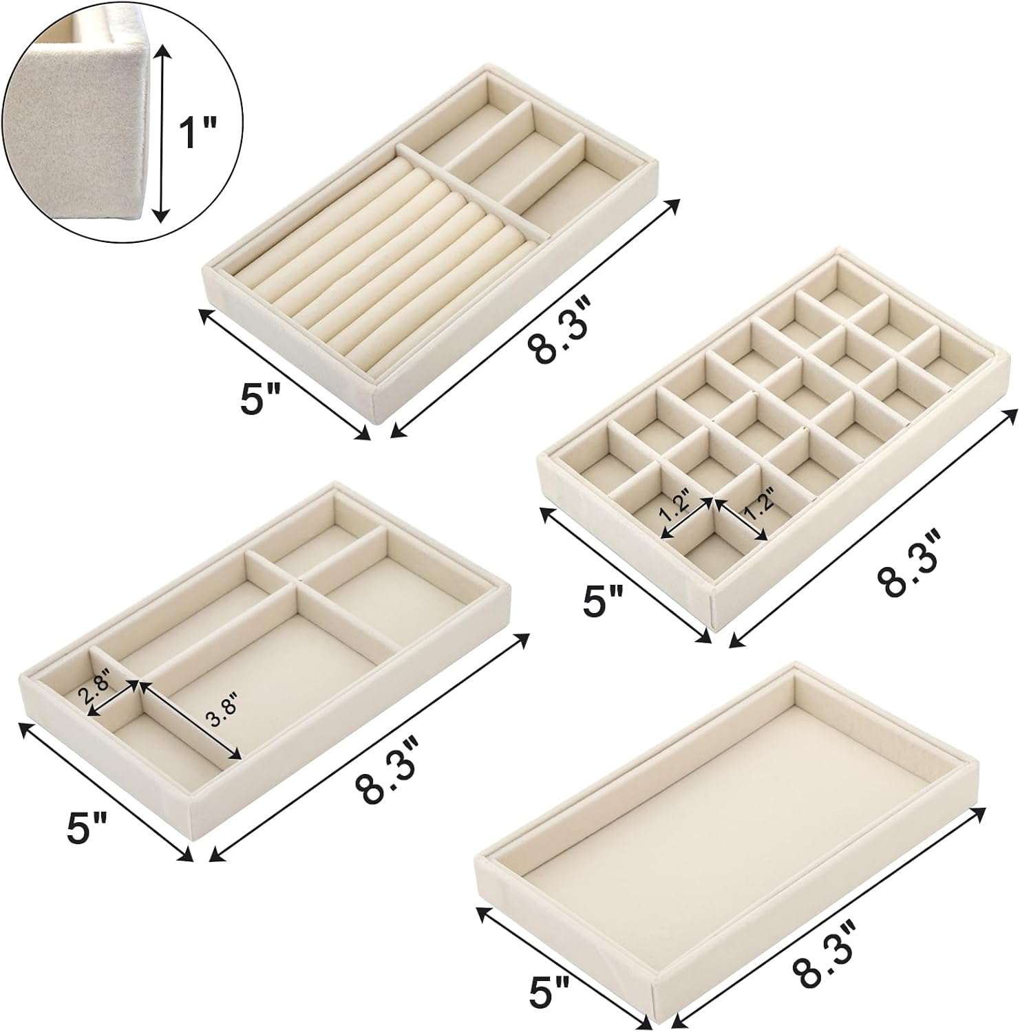 Elsjoy Set of 8 Velvet Jewelry Tray, Drawer Insert Divided Storage Holder Stackable Jewelry Organizer, Necklace Bracelet Display Tray for Earring, Ring, Brooch, Watch - 2