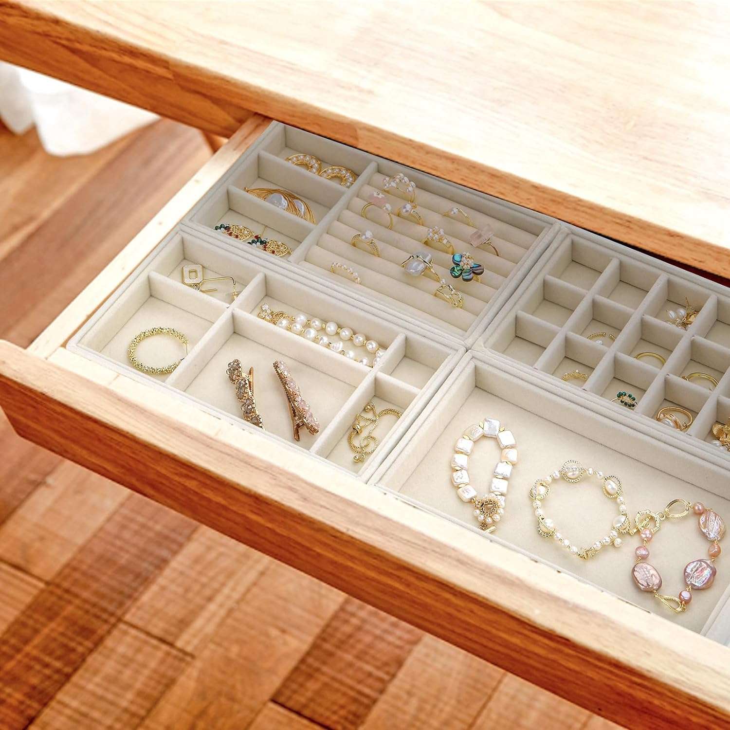 Elsjoy Set of 8 Velvet Jewelry Tray, Drawer Insert Divided Storage Holder Stackable Jewelry Organizer, Necklace Bracelet Display Tray for Earring, Ring, Brooch, Watch - 4
