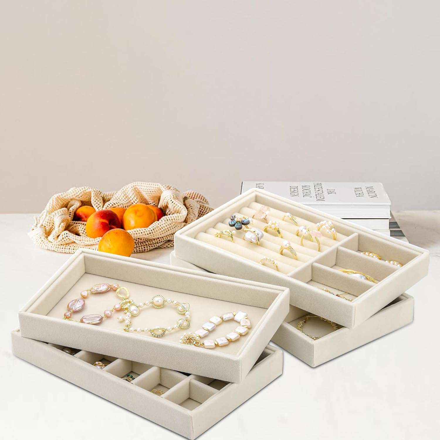 Elsjoy Set of 8 Velvet Jewelry Tray, Drawer Insert Divided Storage Holder Stackable Jewelry Organizer, Necklace Bracelet Display Tray for Earring, Ring, Brooch, Watch - 5