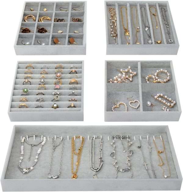 Fixwal Jewelry Tray, Set of 5 Jewelry Tray for Drawer, 14in Stackable Jewelry Organizer, Jewelry Storage for Earring, Necklace, Bracelet, Watch with Removable Divider, Grey - 1