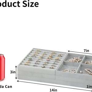 Fixwal Jewelry Tray, Set of 5 Jewelry Tray for Drawer, 14in Stackable Jewelry Organizer, Jewelry Storage for Earring, Necklace, Bracelet, Watch with Removable Divider, Grey - 2