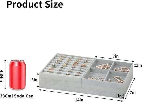 Fixwal Jewelry Tray, Set of 5 Jewelry Tray for Drawer, 14in Stackable Jewelry Organizer, Jewelry Storage for Earring, Necklace, Bracelet, Watch with Removable Divider, Grey - 2