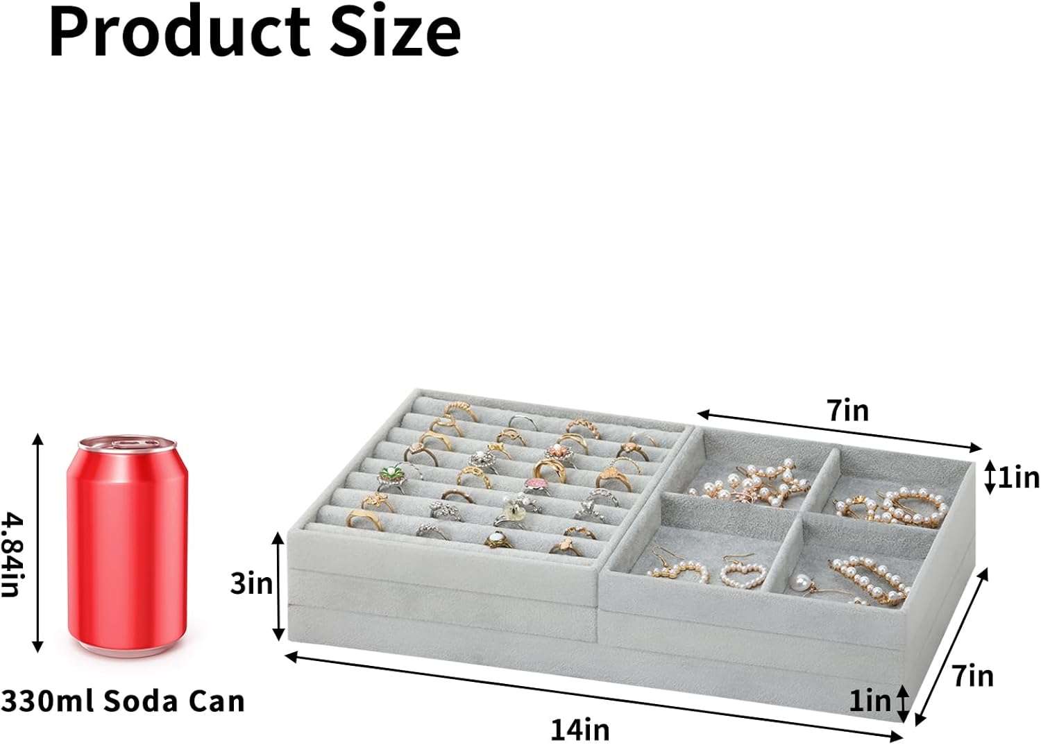 Fixwal Jewelry Tray, Set of 5 Jewelry Tray for Drawer, 14in Stackable Jewelry Organizer, Jewelry Storage for Earring, Necklace, Bracelet, Watch with Removable Divider, Grey - 2
