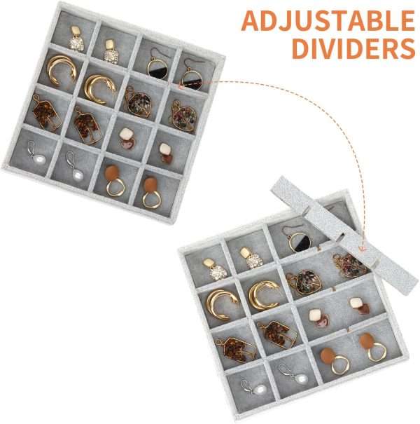 Fixwal Jewelry Tray, Set of 5 Jewelry Tray for Drawer, 14in Stackable Jewelry Organizer, Jewelry Storage for Earring, Necklace, Bracelet, Watch with Removable Divider, Grey - 3